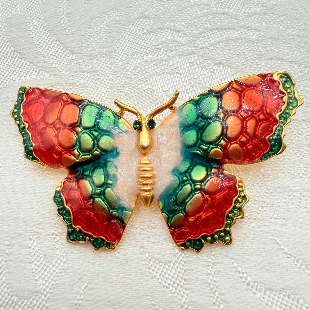 Vintage Orange, Cream, & Green Enamel Gold Tone Butterfly Moth Pin w/ Green Eyes